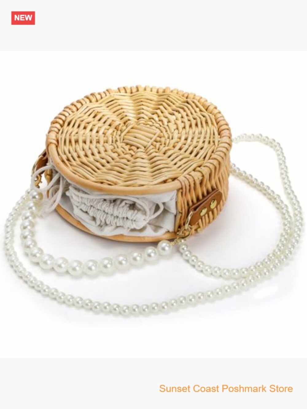 Round Rattan Bag Hand-woven Wicker Basket Purse Boho Crossbody With Pearl Strap - Picture 6 of 7